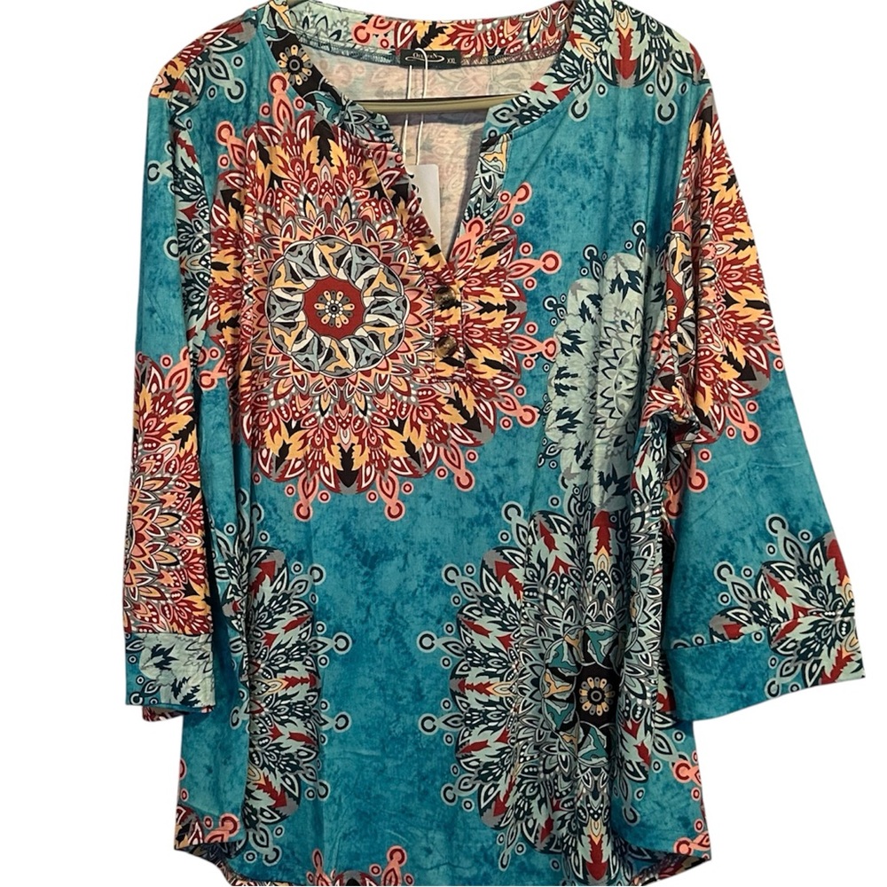 Ofeefan Boho Teal Mandala Tunic Top XXL NWT Henley 3/4 Sleeve